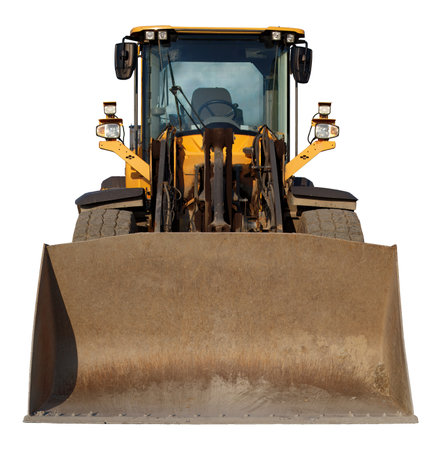 A heavy-duty yellow front loader shovel with a large bucket for industrial and construction work, showcasing powerful machinery designed for excavation and material handling.の写真素材