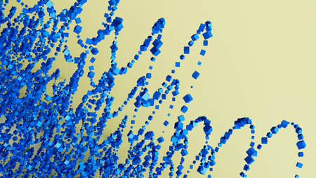A vibrant abstract design showing blue cubes in motion forming flowing patterns against a yellow...