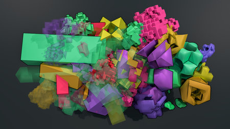 Abstract 3D illustration showing a colorful cluster of geometric forms inspired by cubism. This...