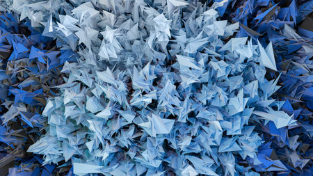 A dynamic swirl of abstract blue spikes reminiscent of ice or folded paper. Ideal for winter, futuristic, or creative designs. 3D illustrationの写真素材