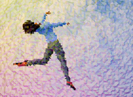 A graceful, geometric dancer in mid-leap. Perfect for dance, ballet, and artistic concepts. Copy Space Poster 3D illustrationの写真素材