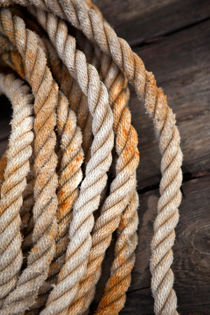 Old rope on a wooden plank