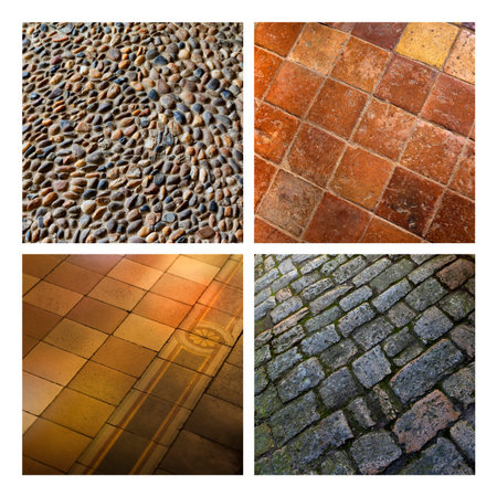 Tiles, pebbles and pavement on a collage