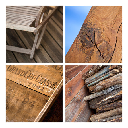 Close up of various wooden elements on a collageの写真素材