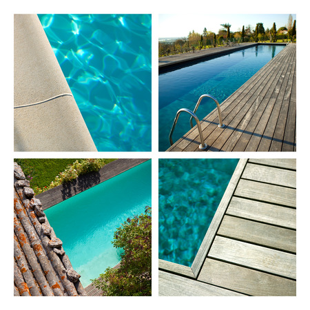 Various swimming pools and gardens on a collageの写真素材