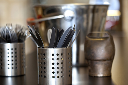 Close up of utensils in a modern kitchenの写真素材