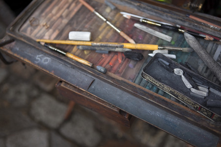 Old painter box with brushes and stencils, Montmartre, Parisの写真素材