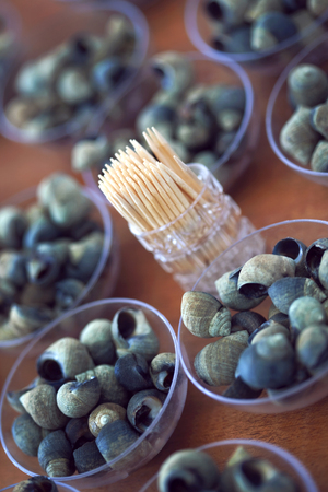 Periwinkles in plastic bowls on a tableの写真素材