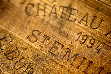 Close up of an od box of St. Emilion wineの写真素材