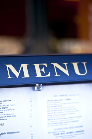 Close up of the menu in front of a French bistroの写真素材