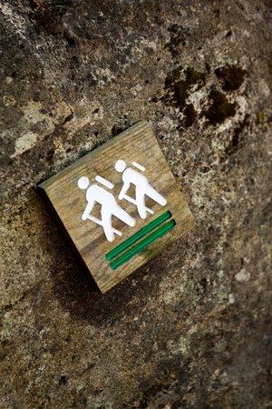 Close up of sign of hiking in the woodsの写真素材