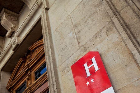 Two stars hotel sign on the facade of a French residenceの写真素材