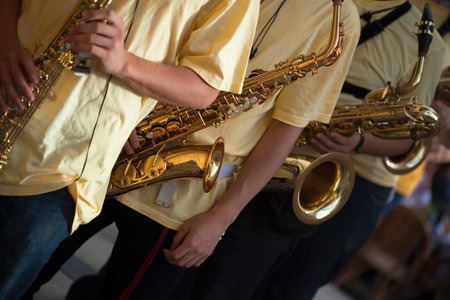 Saxophonists playing in a French marching band