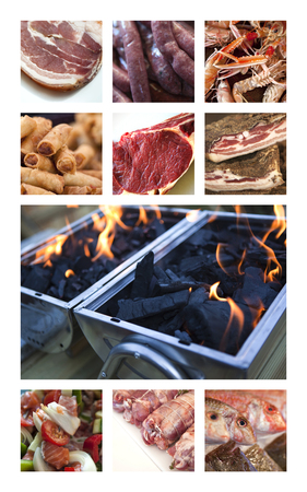 Fishes and meat on a barbecue collageの写真素材