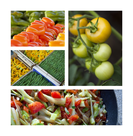 Collage of natural Summer vegetable on a market stallの写真素材