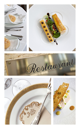 Collage of table sets and meals in a luxury restaurantの写真素材