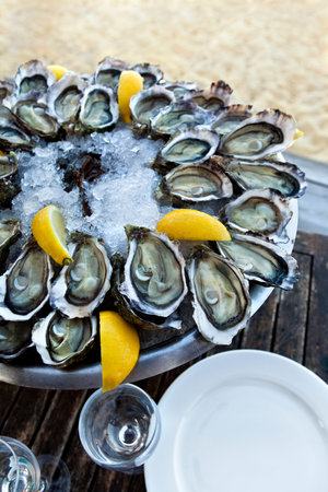 Plate of oysters on a bistro terrace facing a French beach