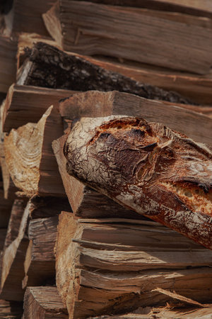 French rustic bread on a pile of logs