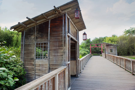 Wooden deck in an Asian parkの写真素材