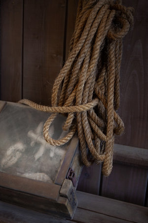 Rope and old explorer briefcaseの写真素材
