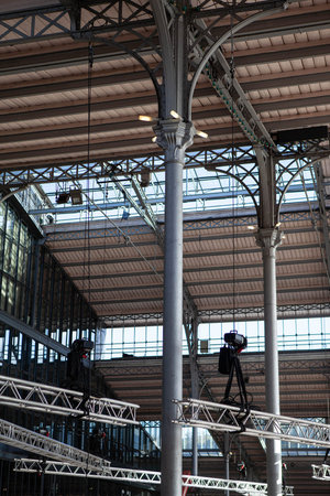 Installation of lighting strips in a performance hallの写真素材