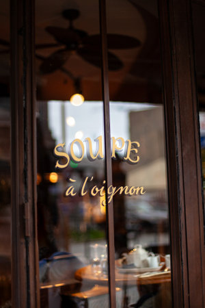 Soup sign on the window of a Parisian bistroの写真素材