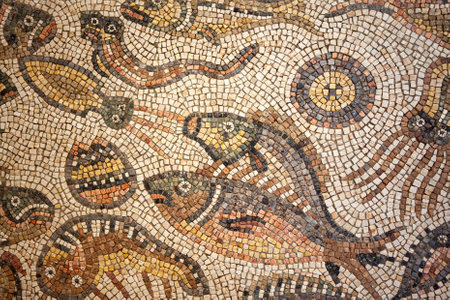 Close up of a mosaic on the floor of an old Roman villaの写真素材