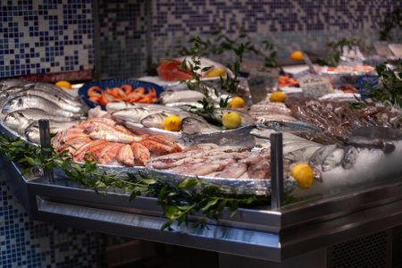 Fish stall in a fishmongerの写真素材