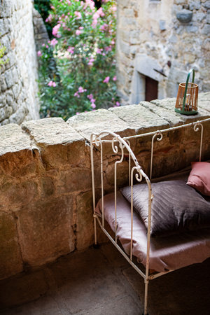 Resting bench on a terraceの写真素材