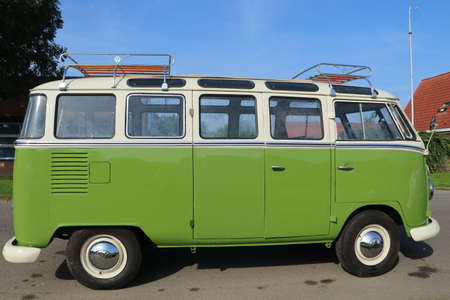 Historic vintage green Volkswagen van on street in Enkhuizen, the Netherlands, September 2021のeditorial素材