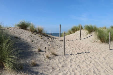 sand dune at beach with sailboats on Markermeer in background, Marker Wadden, the Netherlandsの写真素材