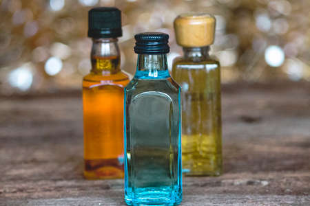 Three Colorful Minibar Bottles of Alcoholの写真素材
