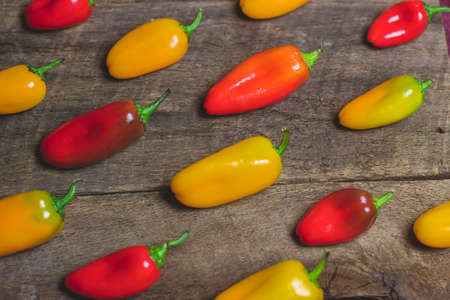 Yellow and Red Vegetable Peppers on Wood Backgroundの写真素材