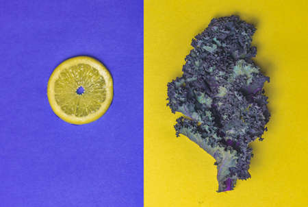 Sliced Lemon on Blue  and Kale on Yellowの写真素材