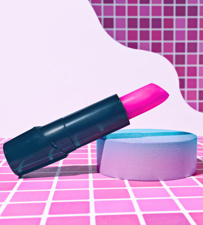A Tube of Magenta Lipstick on Bathroom Tile Background, Beauty and Cosmetics Close Up Shotの写真素材
