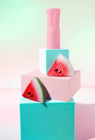 Beauty Serum Pump on Tower with Watermelon Slice Ingredients, Beauty Packaging Mock Upの写真素材