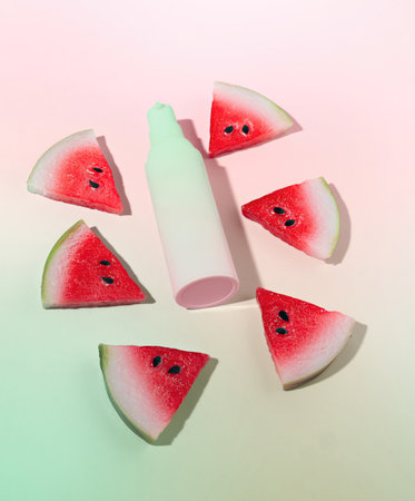 Slices of Watermelon Slices with Beauty Serum Lotion Bottle, Top Lay, Flat Lay, Beauty and Cosmetics Close Up Shot in Pastel Colorsの写真素材