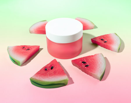 Stylish Jar of Beauty Creme Surrounded by Watermelon Slice Ingredients, Trendy Natural Skincare Conceptの写真素材