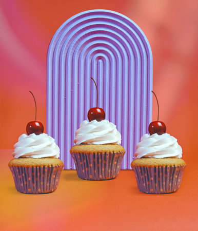 Trio of Whipped Cream Frosted Cupcakes with Vibrant Orange and Purple Background - Bakery Menu Highlightsの写真素材