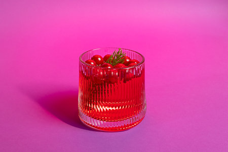 A Christmas Cranberry Cocktail Beverage in a Glass on a Pink & Red Holiday Backgroundの写真素材