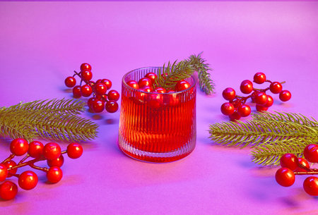Yuletide Celebration in Crimson and Lavender: A Cocktail Toast with Ruby Red Beverage, Holly Berries, and Pine Foliage on a Festive Purple Backdropの写真素材