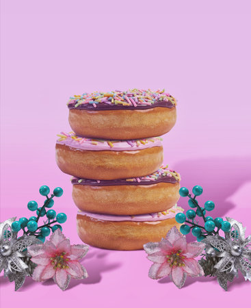 Stack of Donuts with Pink and Purple Frosting - Ideal for Bakery Display and Holiday Treat Advertisingの写真素材