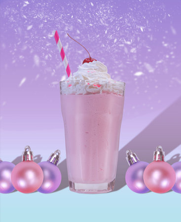 Holiday Celebration Pink Milkshake with Striped Straw and Snowfall Backdrop - Bar and Restaurant Festive Specialsの写真素材