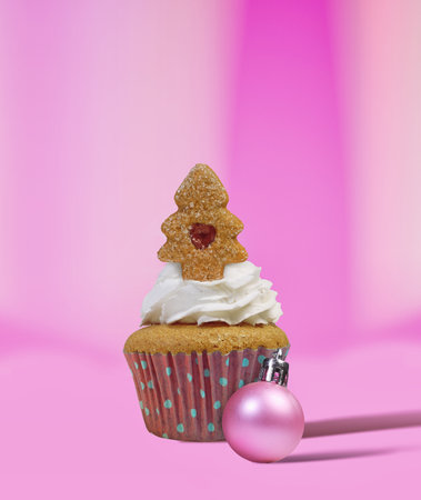 Gingerbread Christmas Tree Topping a Whipped Cream Cupcake  Ideal for Holiday Baking Blogs and Recipe Guidesの写真素材