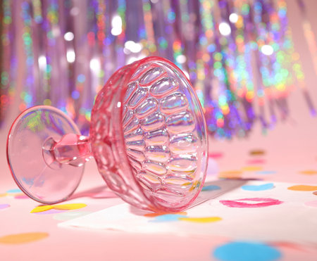 A Tipped Over Pink Champagne Glass with Lipstick Stained Napkin in a Day After the Party Sceneの写真素材