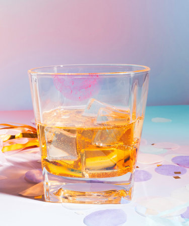 A Close Up of a Whiskey Scotch on the Rocks with Lipstick Stain on the Glassの写真素材
