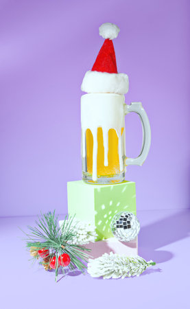 A Foamy, Frothy Mug Pint of Ale Beer With a Furry Red Santa Claus Hat, A Disco Ball and Winter Pine Cones on a Pastel Purple Backgroundの写真素材