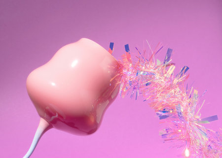 A Pink Pastel Wineglass with Iridescent Pastel Holiday Tinsel Decoration Pouring Out of Glassware in Neon Bright Colorsの写真素材