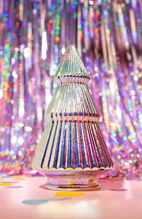 An Iridescent Colorful Christmas Tree on a Foil Party Tinsel Curtain Backgroundの写真素材