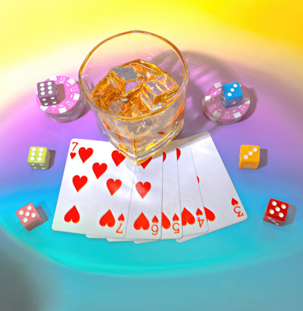 A Top View of a Glass of Scotch Whiskey On the Rocks, Colorful Dice, a Poker Hand with a Straight Flush in Hearts and Card Game Casino Stacked Poker Chipsの写真素材
